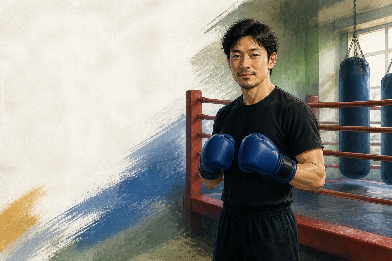 青いグローブのボクシングコーチを描いたAIイラスト